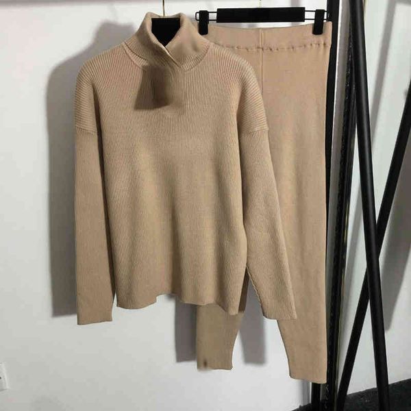 

women's two piece pants y home 2022 early spring new knitted sports suit high collar long sleeve sweater slim small foot, White