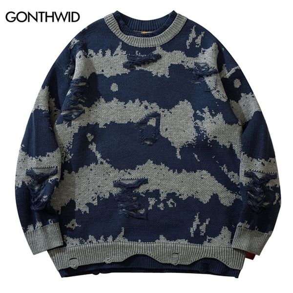 

men's sweaters hip hop ripped sweaters men knitted tie dye striped destroyed hole pullover jumpers sweater autumn fashion loose streetw, White;black