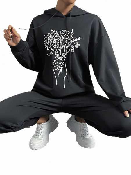 

two piece dress floral & hand print drop shoulder drawstring hoodie & sweatpants d4qq#, White