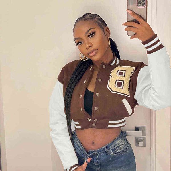 

women's jackets lygens letter embroidery long sleeve crop baseball jacket women patchwork coats casual streetwear 2021 autumn winter cl, Black;brown