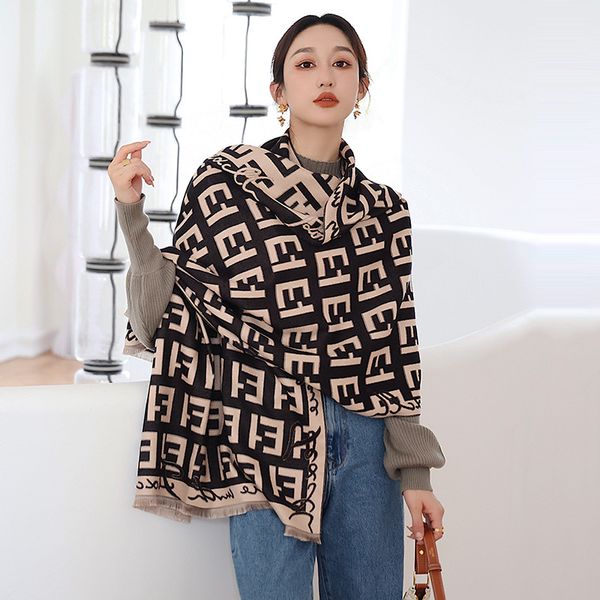 

designer silk scarf letters warm scarf mid-length decorative imitation cashmere double-sided thickened outer shawl, Blue;gray