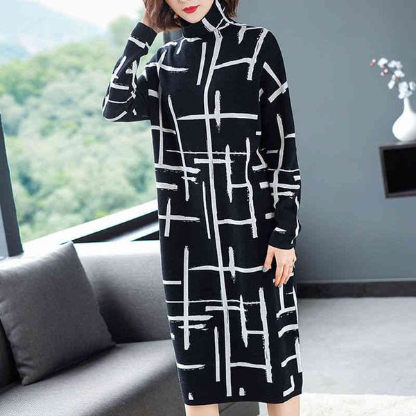 

casual dresses autumn winter dress loose and elegant temperament stripe high collar long sleeve medium length sweater a-line skirt jmon, Black;gray