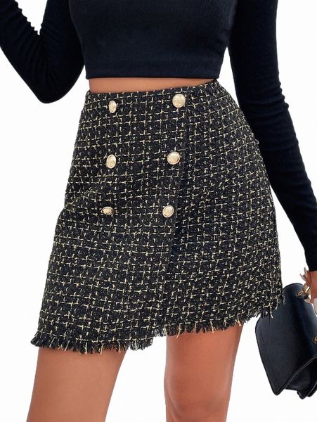 

skirts raw trim buttoned detail tweed skirt 2022 new a5ba#, Black