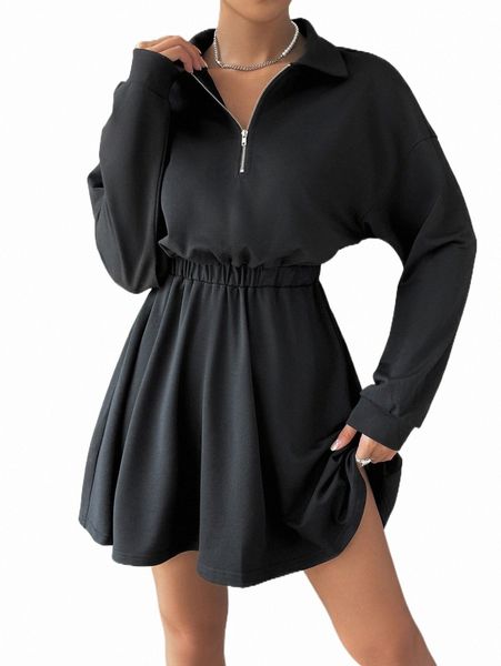 

casual dresses half zip drop shoulder dress 2022 new 95dn#, Black;gray