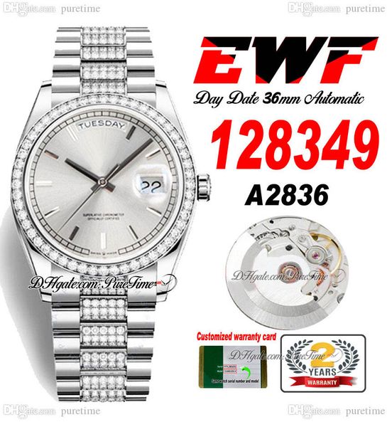 

ewf day date 128349 a2836 automatic watch mens ladies 36 silver stick dial diamonds case and presidential bracelet same serial card super ed, Slivery;brown