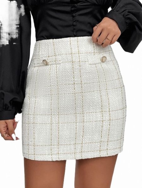 

skirts high waist plaid pattern tweed skirt 2022 new x9m4#, Black