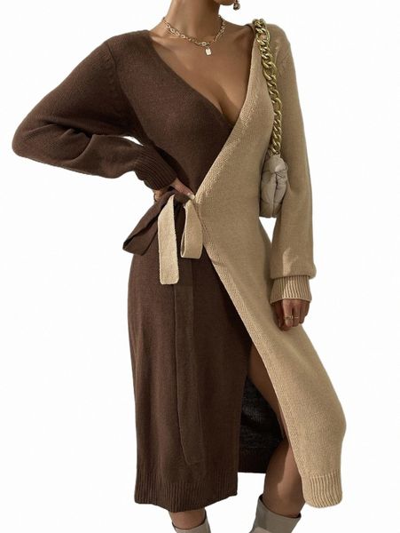 

women's sweaters two tone knot side wrap sweater dress d0tx#, White;black