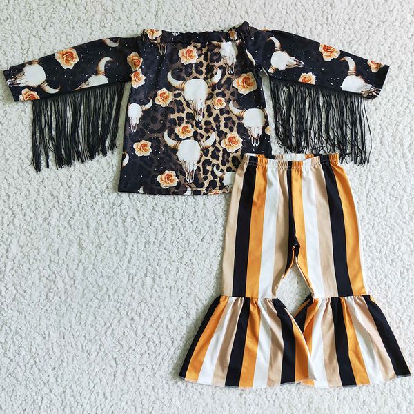 

boutique baby girl clothing set new tassel design cow print toddlers girl clothes long sleeve bell bottoms outfits wholesale bulk, White