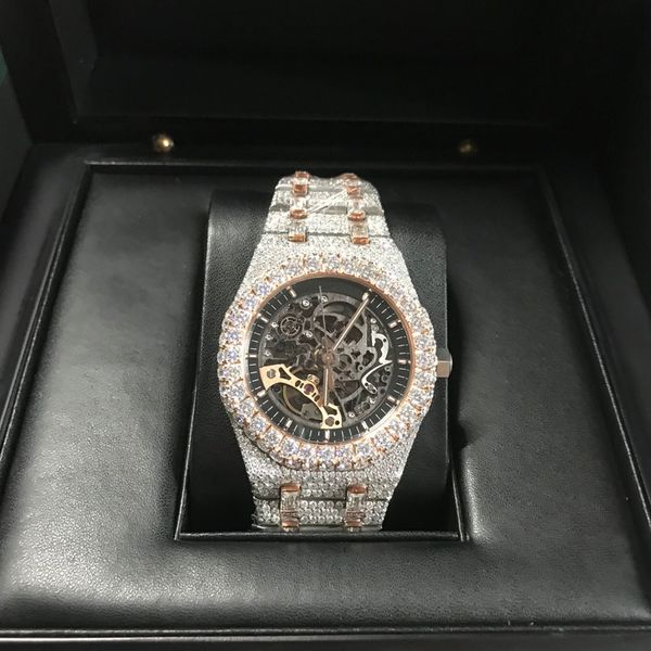 

luxury richarmille watches mechanical watch swiss movement designer version moissanite stones skeleton gold mixed silver pass test diamonds, Slivery;black