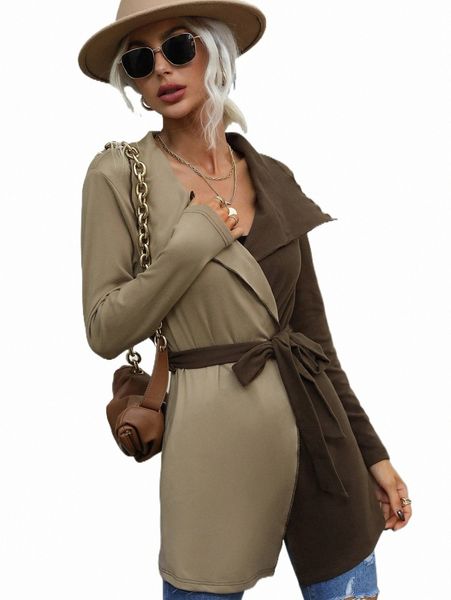 

women's down & parkas two tone waterfall collar belted coat 333x#, Black