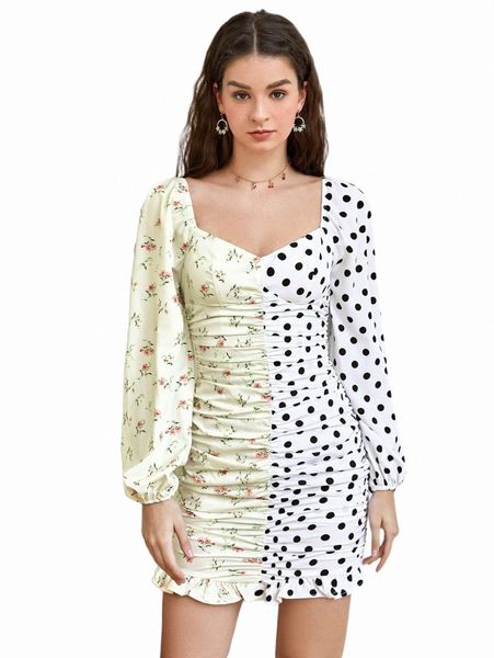 

casual dresses polka dot & floral print ruched bodycon dress s5pg#, Black;gray