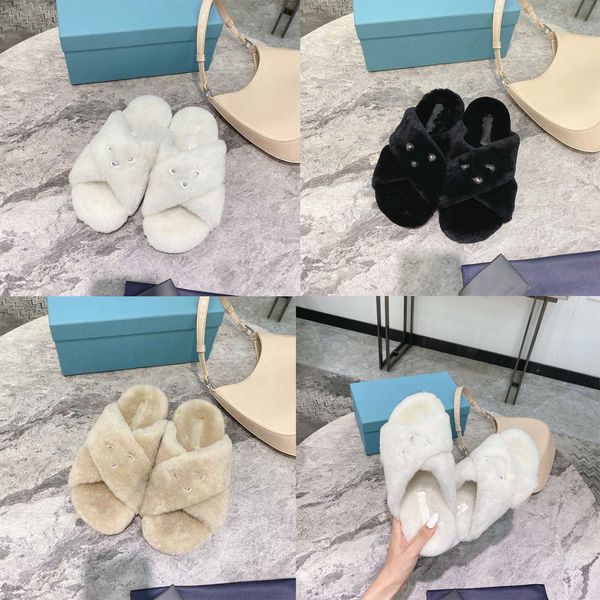 

casual shoes designer women slippers luxury wool slides enameled triangles furry slide winter warm black white begin fashion sandals size3