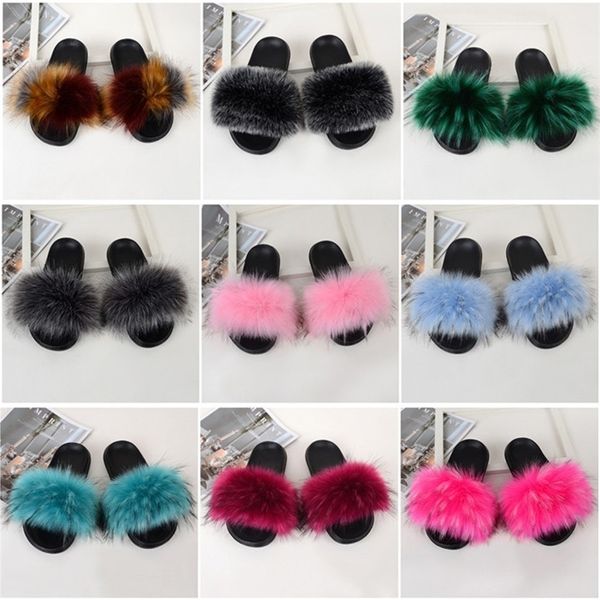 

slipper kids fur slippers girl fluffy faux raccoon slides ry home floor flip flops children summer shoes girls sandals csh953 220830, Black;grey