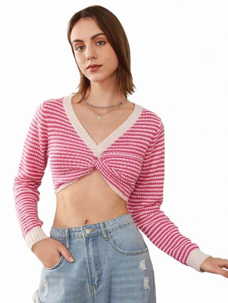 

women's sweaters stripe pattern twist front crop sweater 04su#, White;black