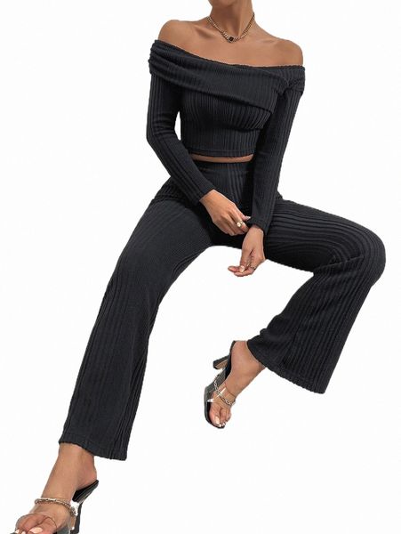 

two piece dress off shoulder ribbed knit crop & pants 66nu#, White