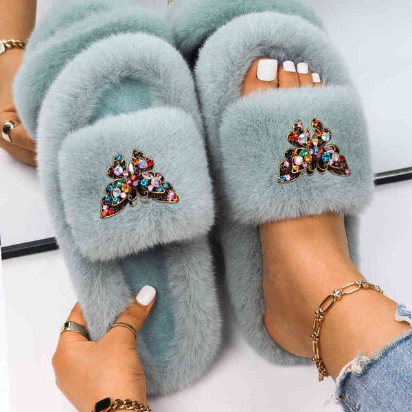 

slipper slipper female rhinestone butterfly faux fur slide thick bottom sandal flip flop fashion outdoor casual shoe 220723, Black