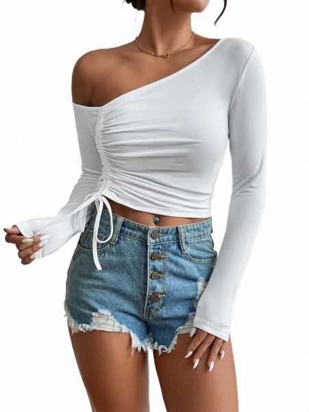 

women's t-shirt asymmetrical neck drawstring crop tee i4iy#, White