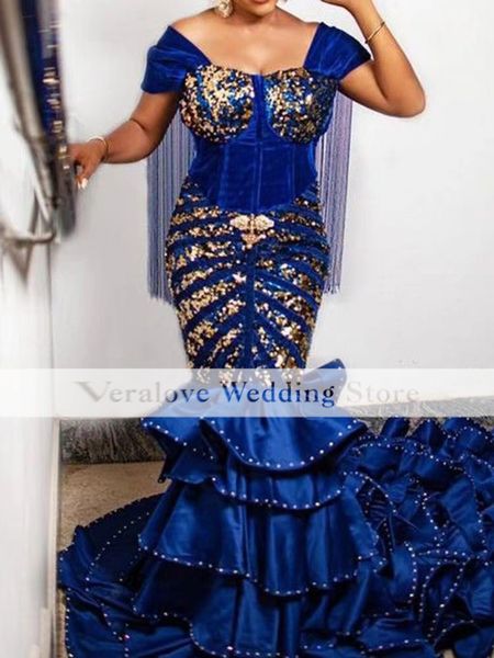

royal blue sequins prom dresses for women 2022 reception dress off shoulder mermaid evening gowns vestidos de noche, Black