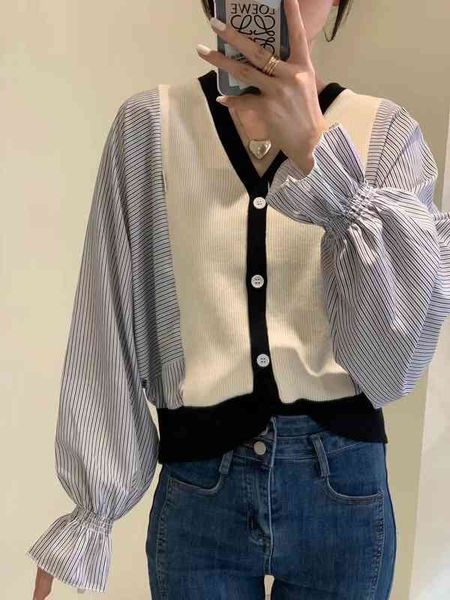 

women's sweaters loose shirt sleeve splicing knit cardigan women's fashion autumn korean v-neck stripe color blocking thin ez2o, White;black