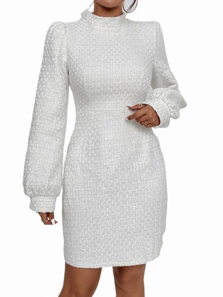 

casual dresses solid mock neck bishop sleeve fitted dress f0na#, Black;gray