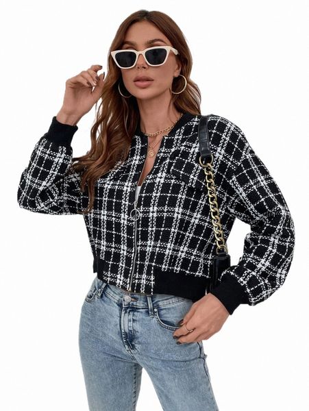 

women's jackets plaid drop shoulder bomber jacket u2mm#, Black;brown