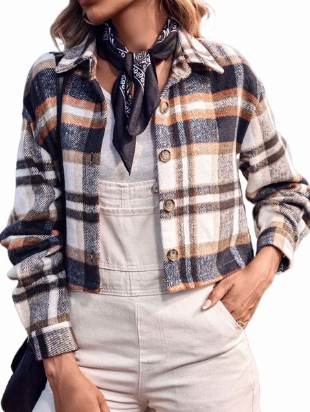

women's jackets plaid print drop shoulder jacket t5ja#, Black;brown