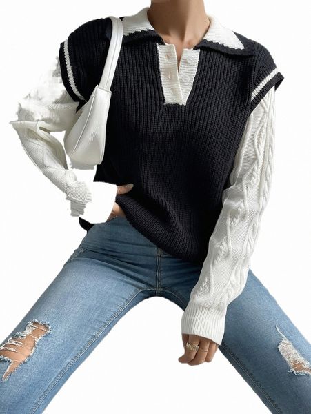 

women's sweaters two tone striped trim polo neck sweater y8hc#, White;black