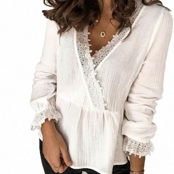 

women's blouses & shirts elegant blouses casual solid loose blouse women long sleeve shirts autumn v-neck basic shoulder vintage office, White