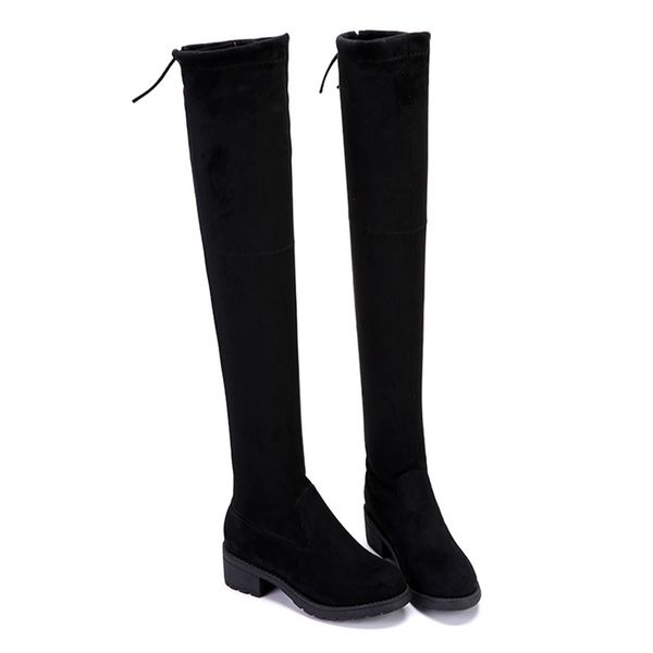 

fashion long women shoes thigh-high boots flat heels flock designer boots ladies stretch satin sanding winter autumn, Black