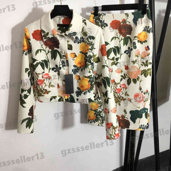 

women two pieces dresses designer two-piece sets fashion brand floral print slim fit cropped blazer high waist skirt size s-xl 0912, White