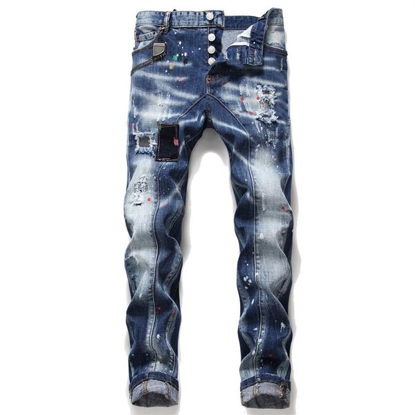 

unique men ripped slim fit jeans fashion designer washed motocycle men's denim pants panelled hip hop biker street wear trousers 1278m, Blue