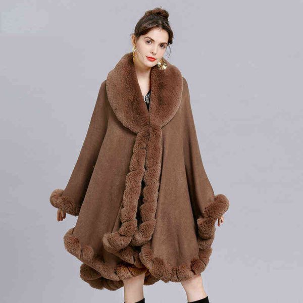 

women's cape elegant v lapel faux rex rabbit fur coat cape winter women big long shawl full trim fur knit cloak overcoat parka 2022 new, Black