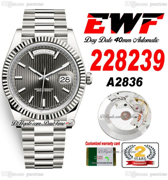 

ewf day date 228239 a2836 automatic mens watch 40 fluted bezel rhodium grey textured stick dial presidential bracelet same serial card super, Slivery;brown