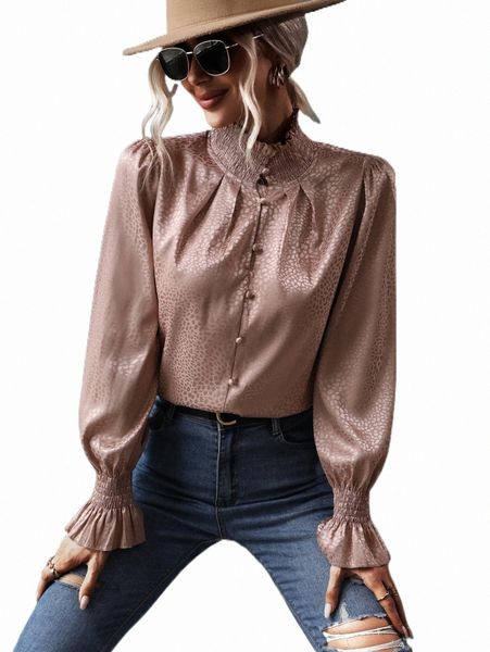 

women's blouses & shirts leopard jacquard flounce sleeve shirt t4ol#, White