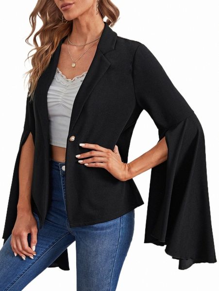

women's two piece pants lapel collar split sleeve blazer p4ds#, White