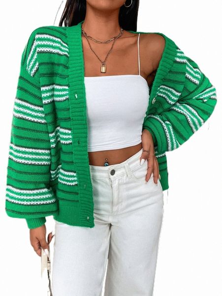 

women's sweaters striped pattern drop shoulder cardigan r5be#, White;black