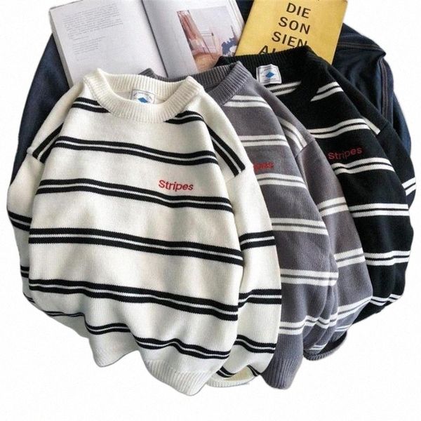 

men's sweaters men's sweaters men autumn winter fashion stripe printing pullover loose o-neck knitted sweater casual streetwear ma, White;black