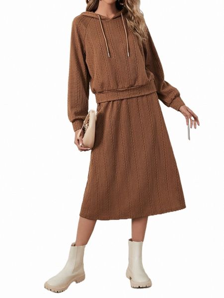 

two piece dress raglan sleeve drawstring hoodie & skirt w8fy#, White