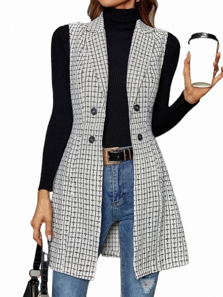 

women's down & parkas plaid double breasted lapel collar vest coat p4ue#, Black