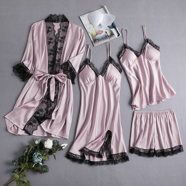 

pajamas women's sleepwear summer lingerie nightgown 4 piece set ice silk suspender shorts set home clothes with chest, Black;red