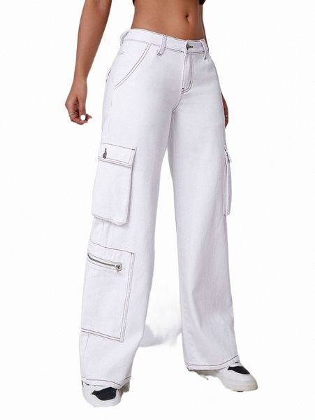 

women's jeans flap pocket side stitching cargo jeans q6rb#, Blue