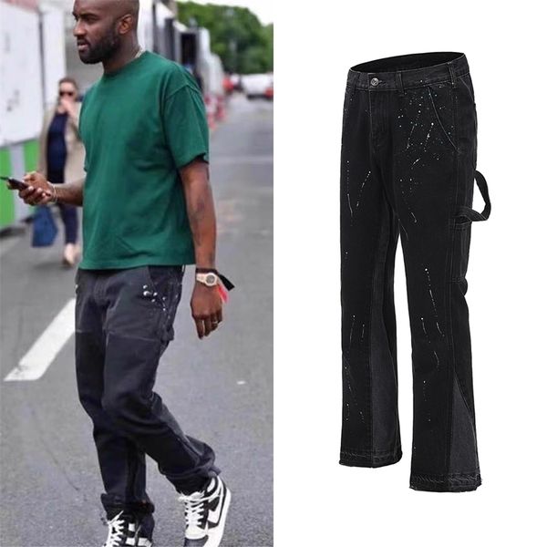 

mens jeans urban streetwear flare pants black wide leg hip hop splashed ink trousers patchwork slim fit denim for 220831, Blue