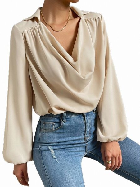 

women's blouses & shirts draped collar lantern sleeve blouse i35o#, White