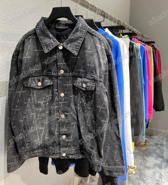 

xinxinbuy men designer coats denim jackets small letter print washing paris pullover women gray black xs-2xl, Black;brown