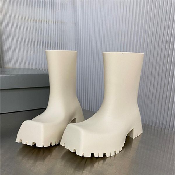 

2022 fashion summer rain boots rubber trooper boot 22ss rainboot platform square toe tire high heels chunky women men outsole mid long 270n, Black;red