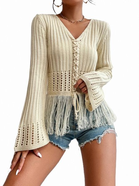 

women's sweaters lace up front pointelle knit fringe hem sweater l0tr#, White;black
