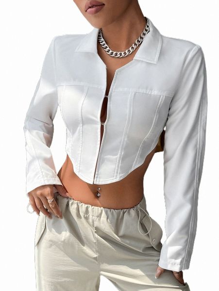 

women's blouses & shirts hook & eye curved hem crop shirt r5kr#, White