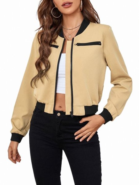 

women's jackets contrast trim zip up crop bomber jacket x1js#, Black;brown