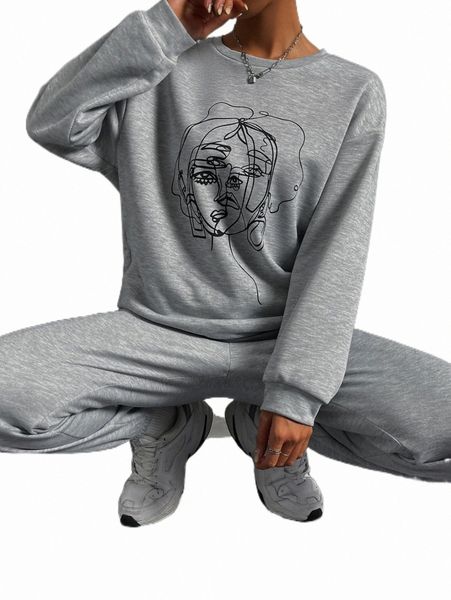 

two piece dress figure graphic drop shoulder sweatshirt & sweatpants e1gf#, White