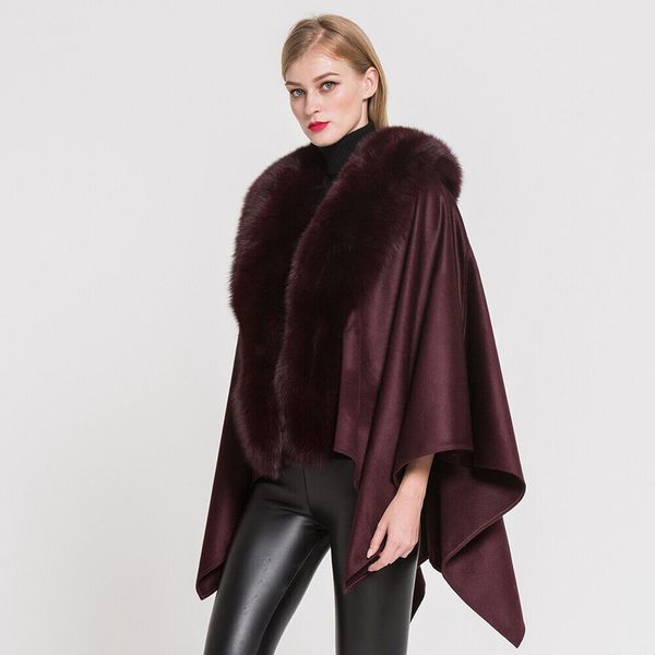 

real cashmere cape shawls women real whole fox fur collar poncho wedding party, Blue;gray